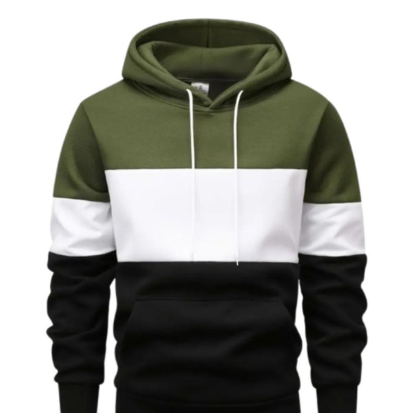 Men's Casual Color Block Pullover Hoodie - Olive, White & Black