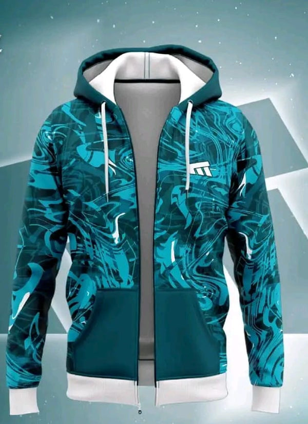 Men's Performance Hoodie with Abstract Marble Pattern - Turquoise