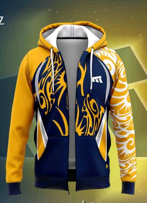 Men's Athletic Zip Hoodie with Tribal Graphics - Navy Blue and Gold